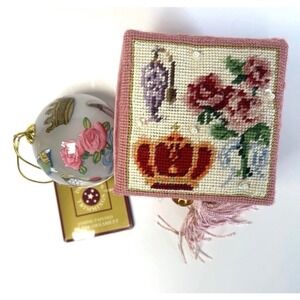 Vintage Dillard's Trimmings Inside Painted Glass Ornament Spa Beauty Roses Box